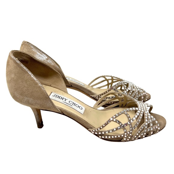 Jimmy Choo Rhinestone Cream Tan Silver Shimmer Bling Heels - Picture 4 of 8